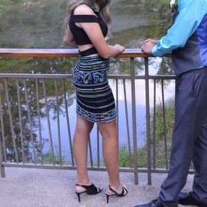 Rachel Allen blue & black beaded homecoming dress